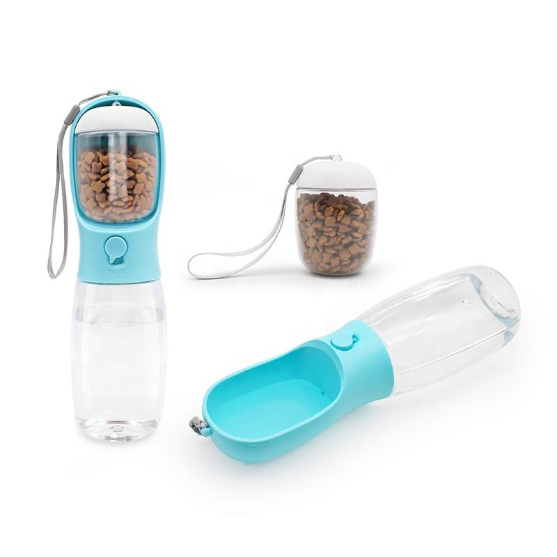 Lake Blue 3-in-1 pet travel bottle with water reservoir, drinking trough, and food compartment